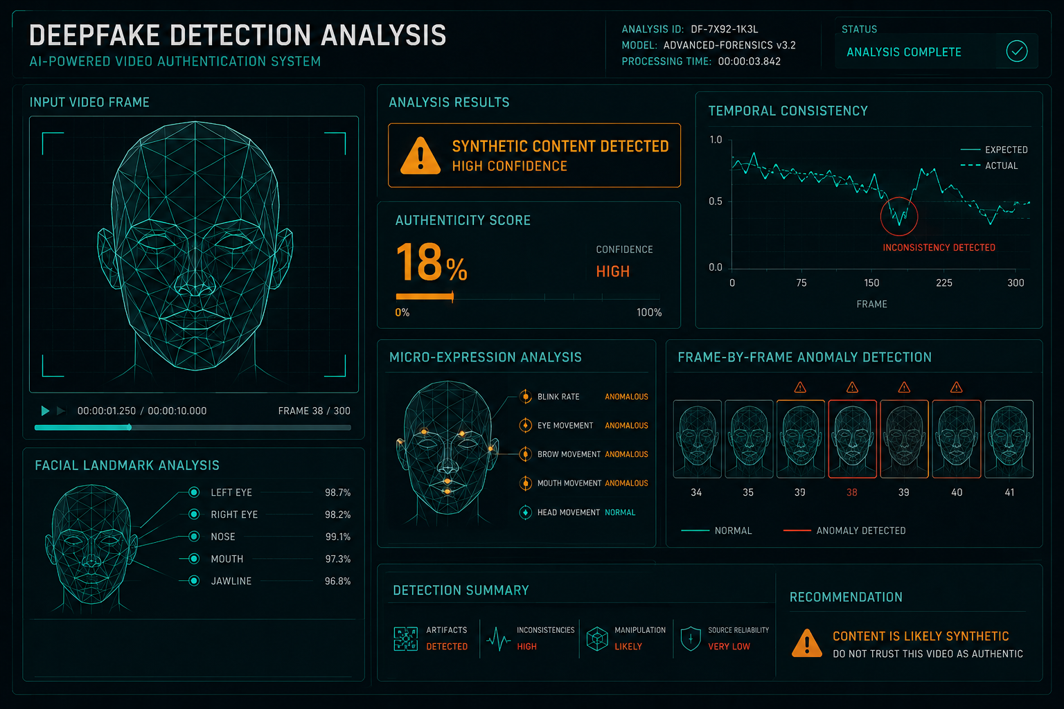 Deepfake detection AI analysis showing facial mesh overlay and authenticity scoring