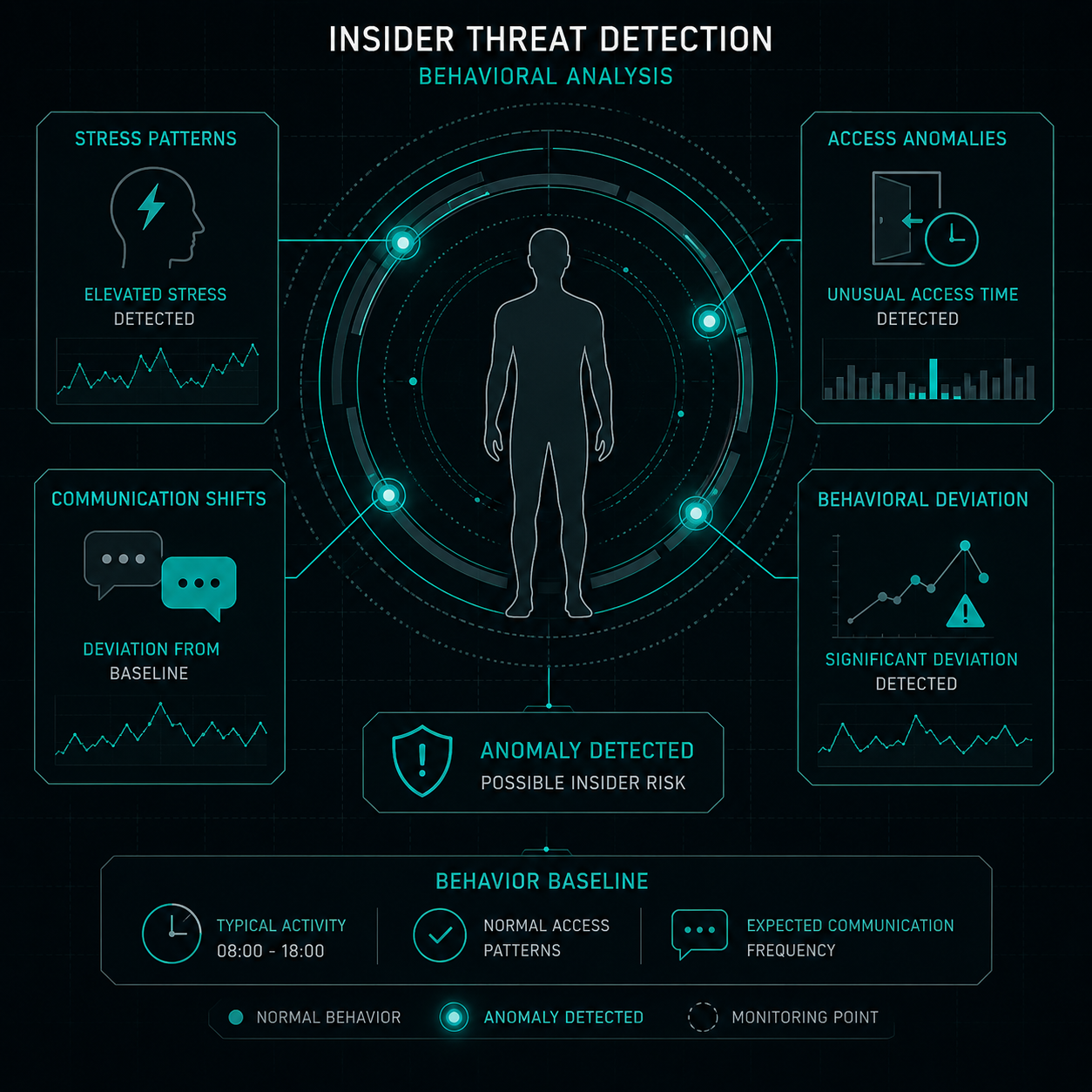 Behavioral analysis visualization for insider threat detection showing anomaly indicators