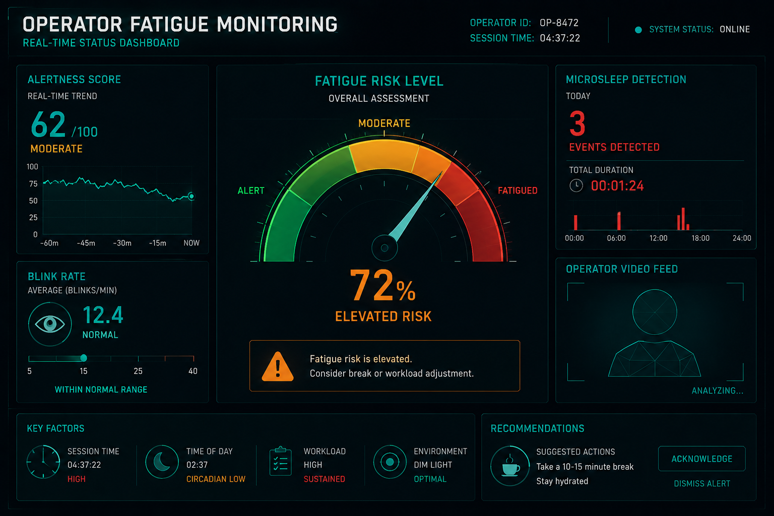 Operator fatigue monitoring dashboard showing real-time alertness metrics and risk indicators